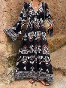 DAZY Floral Print Loose V-Neck Dress, Elegant Vacation Summer Long Dress For Women Sundress Boho - Black - View 6