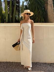 DAZY Solid Color Waist-Cinched Dress With Bow Decor, Elegant Summer Long Dress For Women Sundress - Apricot - View 5