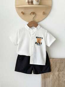 SHEIN Playful Pals 6-36个月男女宝宝两件套，男宝宝卡其色条纹小熊印花短袖衬衫+纯色弹力腰短裤，春夏儿童休闲套装，适合6个月至3岁宝宝。 - 黑與白 - 查看 7