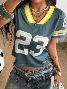 Coolane Women's Casual V-Neck Short Sleeve Numeric Print T-Shirt - Army Green - View 4