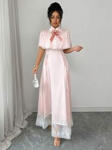 Elenzga 女士优雅时尚通勤休闲舒适迷人复古简约高端浪漫假日宫廷淑女温柔翻领褶皱开襟荷叶边拼接水晶纽扣蝴蝶结装饰无袖吊带缎带腰带A字下摆拼接蕾丝边纯色缎面连衣裙 - 粉色 - 查看 5