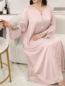 Al Najma 优雅V领喇叭袖泡泡珠装饰连衣裙，春夏款 - 粉色 - 查看 2