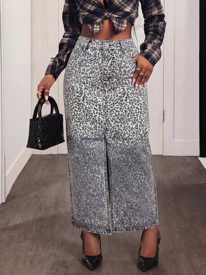 Slaydiva Women's High Waist Pockets Leopard Print Slit Hem Denim Skirt
