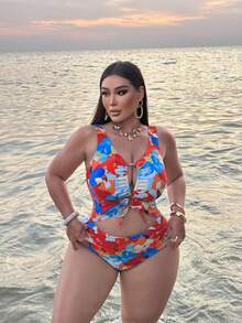 Slaydiva Plus Size Women Floral Print Twist Ruched One-Piece Swimsuit, Suitable For Beach Vacation, Pool Party, Beach Party - Multicolor - View 5