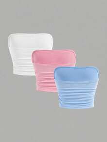 SHEIN Girlism 3pcs/Set Tween Girls' Casual Ruched Cropped Camisole Tops,Kids - Multicolor - View 2