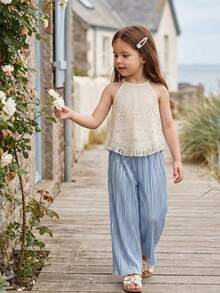 Elladie kids 女童夏季白色和蓝色花卉镂空流苏设计无袖上衣和阔腿裤套装，适合日常外出、休闲旅行、度假、与朋友聚会和拍照。 - 彩色 - 查看 6