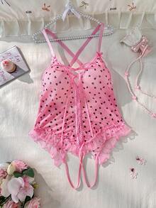 PetitDoll 情人节性感粉红心形印花网眼荷叶边绑带内衣连体裤 - 粉色 - 查看 6