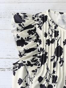 EMERY ROSE 女士夏季新款圆领褶皱设计休闲度假印花短袖衬衫 - 杏色 - 查看 3