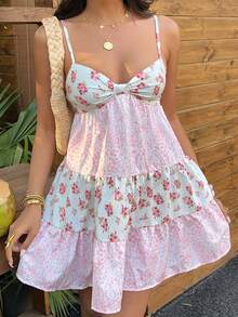 Sunnyshic 女士甜美清新印花沙滩度假吊带迷你连衣裙 - 彩色 - 查看 6