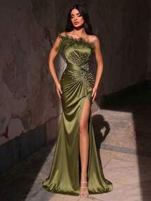 Glamrae Elegante y lujoso vestido de punto elástico con volantes, abertura lateral y cola de pez, con cuentas de burbujas y adornos de strass en el hombro asimétrico, adecuado para bodas, fiestas, vacaciones y banquetes - Rosa vieja - Ver 5