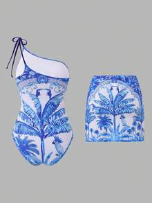 Swim Oasis Conjunto de traje de baño de una pieza con estampado de árboles de coco y pájaros + falda de playa para mujer, estilo casual de vacaciones 2026 - Azul - Ver 2