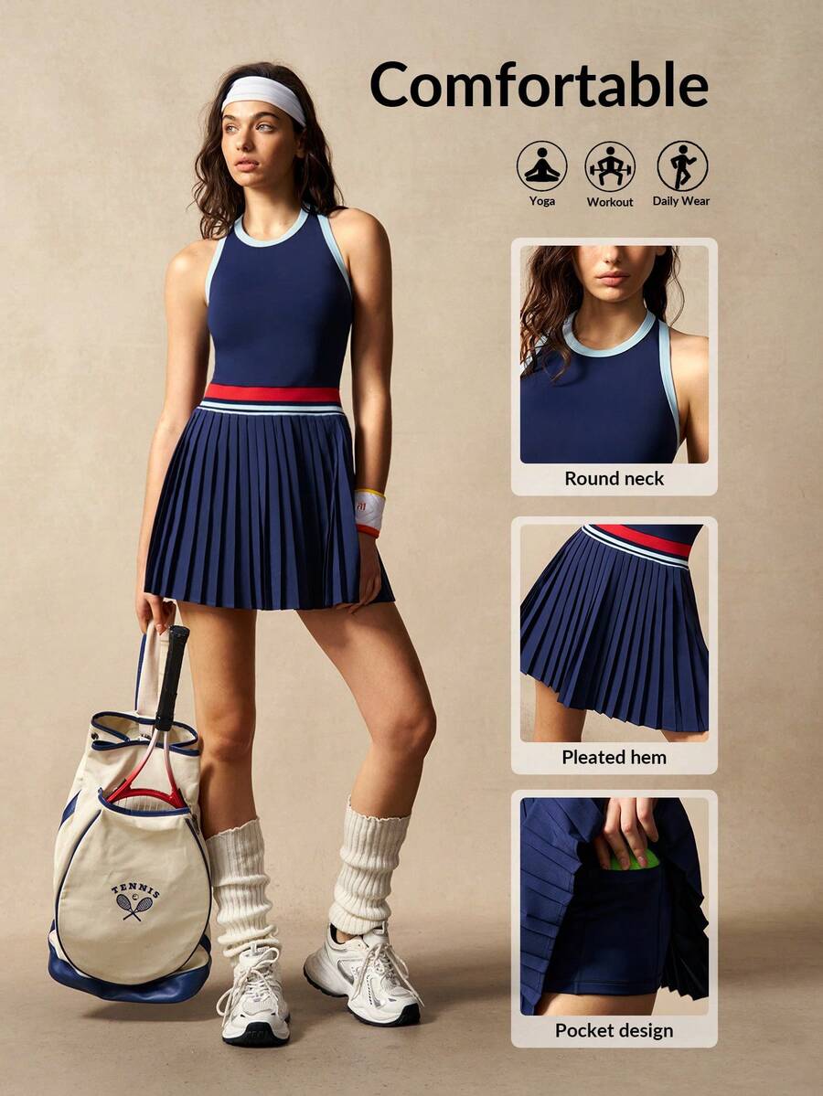 VARSIVA 女士条纹褶裥下摆露背运动连衣裙