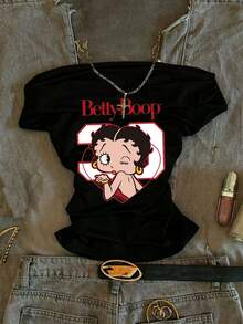Betty Boop x SHEIN SHEIN Attitoon Women's Casual Waist Ruched Off-Shoulder Betty Collab Tight Fit Short Sleeve T-Shirt, Suitable For Summer, Chic, Y2K - Black - View 7