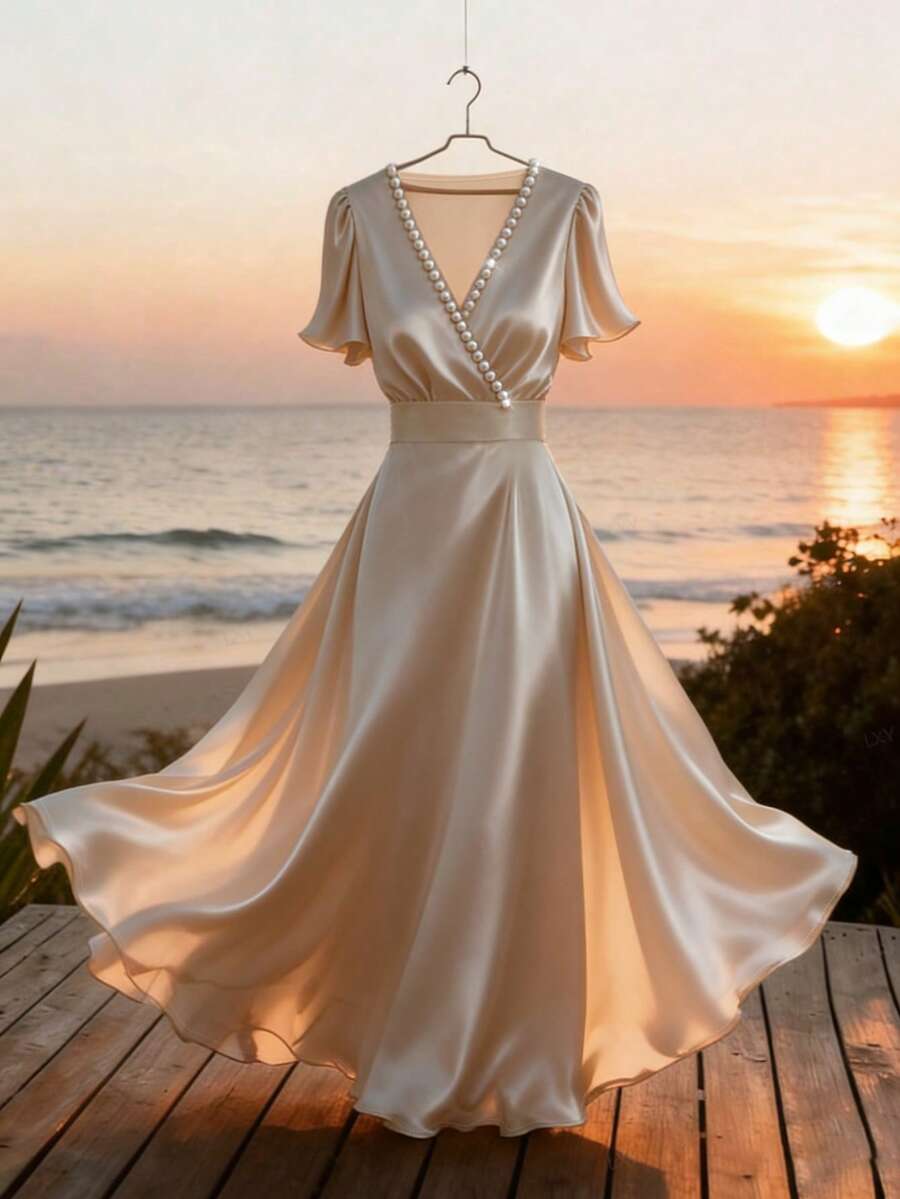 Franclia 女士优雅仿珍珠装饰V领连衣裙，夏季长款缎面连衣裙，香槟色长款真丝连衣裙，珍珠连衣裙，奢华女士连衣裙，优雅晚宴连衣裙，香槟色正式连衣裙，优雅连衣裙，日落连衣裙，沙滩连衣裙，女士优雅连衣裙，适合特殊场合的精美连衣裙，女士正式裹身连衣裙，经典优雅女士套装 - 杏色 - 查看 1