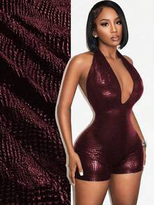 SHEIN BamGlam Women's Coated Textured Jumpsuit,Burgundy Summer Club Night Rave Bodysuit,See Through Romper,Party Vacation Outfits,Y2k Summer Clothes For Women - Red - View 3