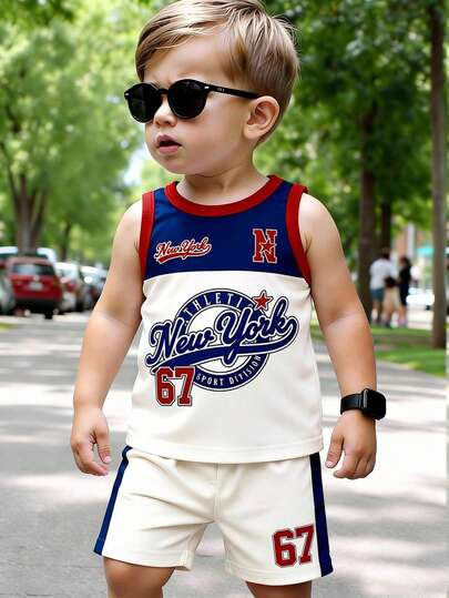 SHEIN Young Boy New Casual Minimalist Y2K Style English Letter & Number 67 Sports Retro American Style Colorblock Tank Top & Shorts 2pcs Set, Suitable For Spring/Summer