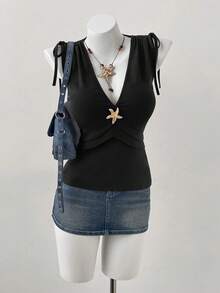 Sweetra CURVE Plus Size Women Casual Elegant V-Neck Camisole Starfish Top Blouses,Black Summer Classy Formal Evening Night Out Club Deep V Neckline Sleeveless Tops - Black - View 3