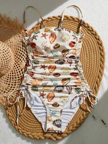 Swim Vcay Women's Summer Random Starfish Print Bandeau Side Drawstring One-Piece Swimsuit, Suitable For Beach & Vacation - Multicolor - View 5