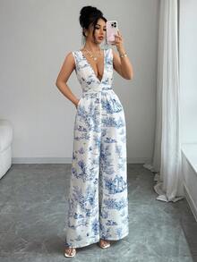 Elenzga Women's Deep V-Neck Botanical Print Sleeveless Wide Leg Jumpsuit - Blue - View 6