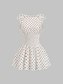 Sweetra 女士春夏法式优雅波点肩部蝴蝶结腰带修身休闲通勤百搭杏色迷你连衣裙 - 杏色 - 查看 1