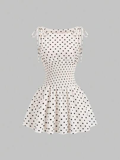 Sweetra 女士春夏法式优雅波点肩部蝴蝶结腰带修身休闲通勤百搭杏色迷你连衣裙