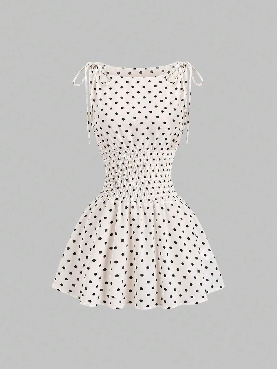 Sweetra 女士春夏法式优雅波点肩部蝴蝶结腰带修身休闲通勤百搭杏色迷你连衣裙 - 杏色 - 查看 1