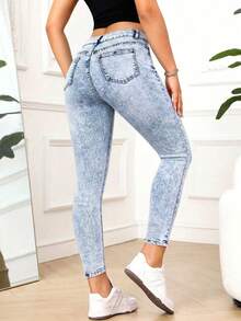 SHEIN PETITE Quần jean denim nữ dáng ôm có túi, đa năng, thích hợp mặc thường ngày. - Rửa nhẹ - Xem 2