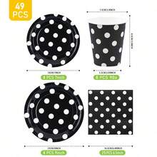 Bộ bát đĩa, khăn ăn và cốc dùng một lần nền đen chấm bi trắng, phục vụ 8 người. Bộ đồ dùng tiệc dùng một lần này (bao gồm bát đĩa, khăn ăn và cốc) rất phù hợp cho các bữa tiệc sinh nhật, đám cưới và dã ngoại gia đình. - Xem 9