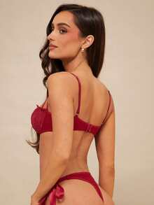 Silquee 女士纯色蕾丝拼布打结透明性感文胸和内裤内衣套装，2 件 - 酒紅色 - 查看 2