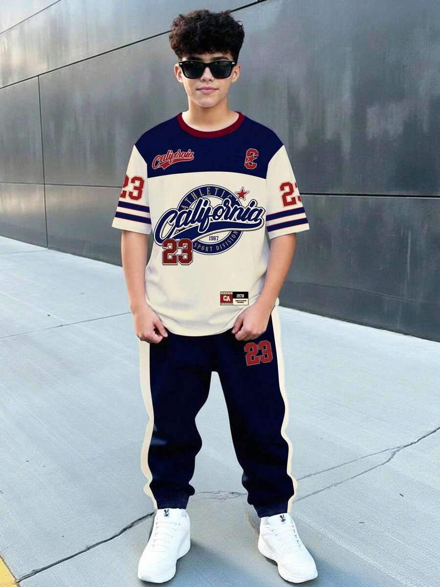 青少年男童新款休闲简约Y2K风格英文字母数字23运动复古美式撞色宽松舒适时尚简约圆领短袖T恤和裤子套装 - 彩色 - 查看 1