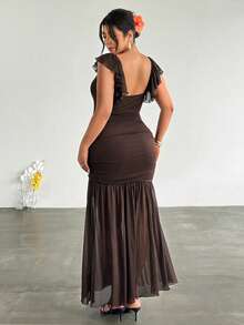 Firerie Robe évasée élégante à taille froncée et nouée pour femmes grandes tailles, en maille. Convient pour les fêtes, les vacances, les festivals de musique, la saison des mariages, les brunchs - Marron - Voir 2