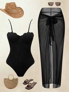 Swim Oasis 2026 Women's Spring/Summer Elegant Romantic Seashell Cup Shaped Swimsuit With Pearl Chain Strap, Bohemian Wave Texture Push-Up Underwire Molded Cup, Wrap-Around Mesh Skirt For Beach Vacation - Black - View 12