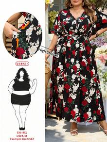 SHEIN CURVE+ 尺码 US22 适合音乐节、海滨度假、波西米亚风休闲复古大碎花宽松抽绳连衣裙，适合春夏穿着，大码身材，适合休闲度假，飘逸连衣裙，女士沙滩装/沙滩裙/沙滩度假装/沙滩必备/毕业典礼/下午茶会连衣裙/夏季/乡村/沙滩度假装/沙滩装/沙滩服饰 - 彩色 - 查看 12