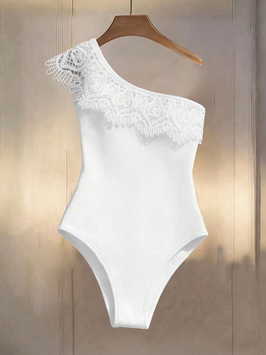 Selianne Women's Spring/Summer Vacation Casual Asymmetric Ruffle Patchwork Slim Bodysuit - White - View 1