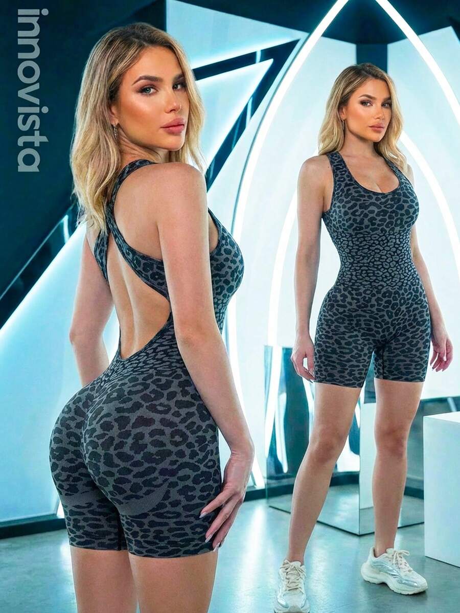 Innovista Women's Casual Sports Leopard Print Backless Romper