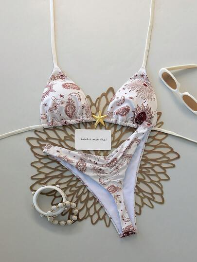  Swim Vcay New Arrival Women's Elegant Boho Bohemian Celestial Mystic Spiritual Y2K Retro Witchy Hippie Vacation Style Triangle Bikini Set - 2 Piece Swimwear With Halter Tie Top, Triangle Top, High Cut Leg, Cheeky Thong Fit & Adjustable Straps - Sun Moon Evil Eye Paisley Print, Burgundy White Color Palette - Smooth Stretchy Quick Drying Fabric - Beachwear For Summer Beach Vacation, Pool Parties & Music Festivals,Wedding Holidays