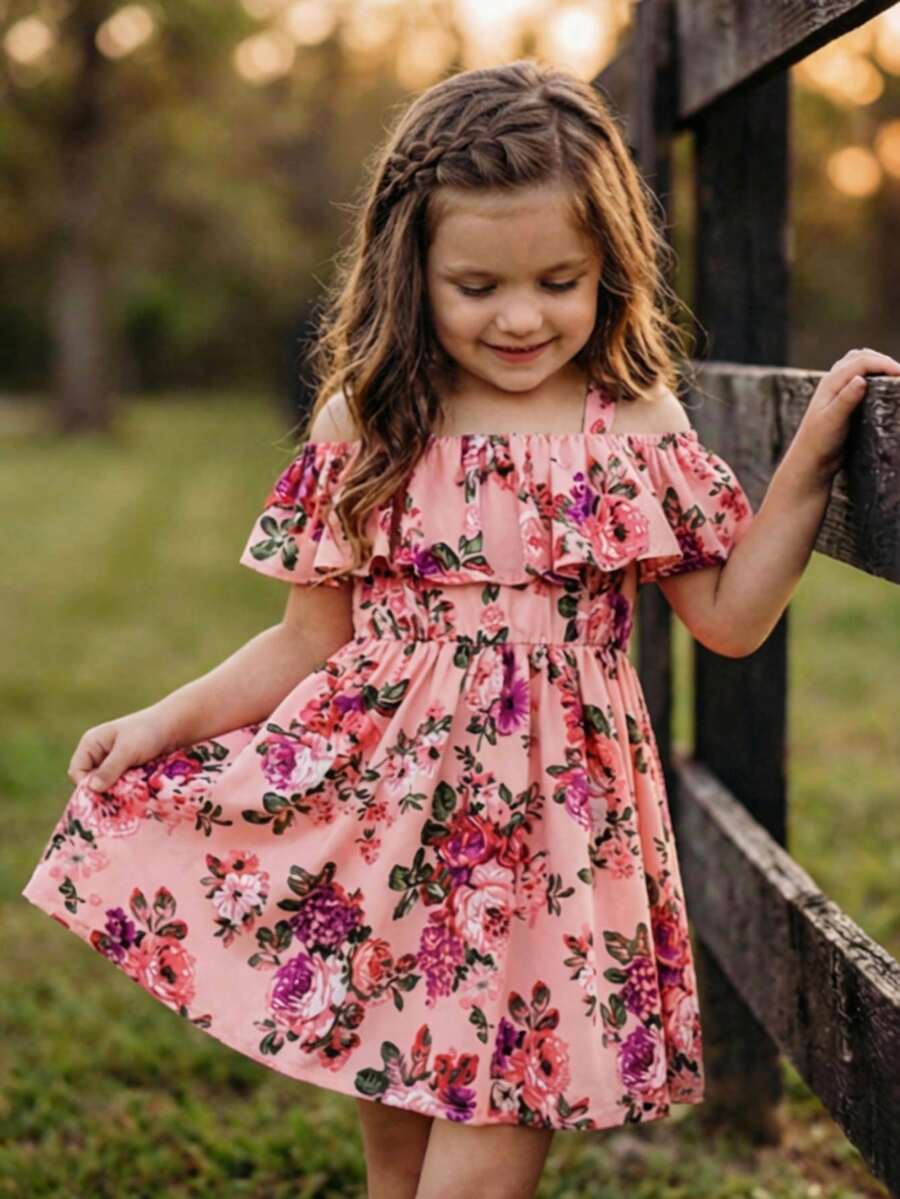 Emery Rose Kids 少女碎花荷叶边吊带连衣裙 - 粉色 - 查看 1