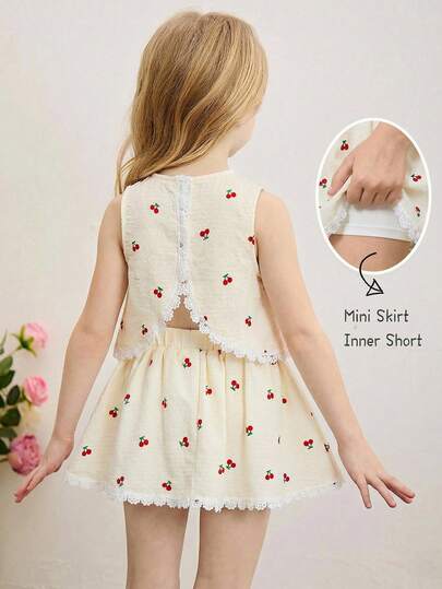 Emery Rose Kids Emery Rose Kids Young Girl Woven Embroidered Solid Color Round Neck Asymmetrical Lace Hem Casual Top And Mini Skirt 2 Pieces Set,Cute & Elagant & Sweet & Vintage & Fashionable. Mom And Daughter & Sisters Matching Style Matching , Vacation , Holidays, ,School Daily Wear, Home Family Gatherings And Special Occasions, Spring/Summer.