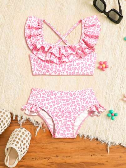 Baby Girls Beachwear, A Sexy And Cute Swimsuit With Pink And White Leopard Print Knit Fabric, Bikini Back Cross Suspender, Ruffle Edge Two-Piece Split Triangle Pants, Fashionable And Casual, Exquisite And Gorgeous, Suitable For Swimming, Suitable For Summer Vacation, Beach Beach, Swimming Pool, Summer Vacation, Party And Leisure Vacation Baby Bathing Suit 2 Piece Bikini Set For Baby