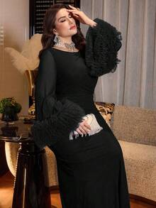 Modelyn Vestido de línea A con volantes en la cintura, mangas acampanadas de malla de unicolor elegante, talla grande, adecuado para primavera y otoño - Negro - Ver 7