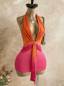 Roelina 女士渐变印花深V领迷你度假连衣裙 - 彩色 - 查看 4