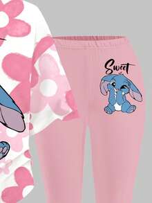 Bộ đồ bé gái phong cách tối giản, họa tiết thỏ xanh hoạt hình Kawaii, phối hoa hồng ombre, áo tay ngắn cổ tròn và quần ống loe, thích hợp cho trang phục mùa hè retro cho bé gái, bộ quần áo trẻ em, đồ phối hợp cho bé gái. - Nhiều màu - Xem 5