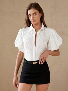 Aveloria Rosie New Sequin Embellished Petal Sleeve Sweet Cropped Blouse - White - View 4