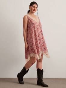 Freevana Vestido sin mangas con parches de encaje y estampado floral diminuto de talla grande - Multicolor - Ver 4