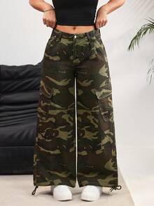 Rivivi Women's Camouflage Pocket Button Casual Loose Fit Everyday Wear Flare Leg Jeans - Multicolor - View 1