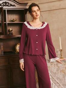 French Elegant Lace Patchwork Lapel Cardigan Women Pajama Set - Rusty Rose - View 6