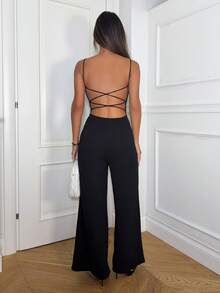 Ronhire Black Backless Strap Jumpsuit, Sexy Spaghetti Strap Wide Leg Jumpsuit For Women, Elegant Going Out Outfit For Daily, Date, Party - Black - View 2