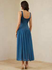 Aveloria Rosie Elegant Chiffon Dress With Satin Fabric Splicing, U-Neck Sleeveless Design, Minimalist High-End Luxury Style For Women - Teal Blue - View 6