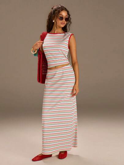 Athîral Women's Striped Boat Neck T-Shirt And Mini Skirt Casual 2 Pieces Set