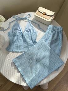 Elamini Petite Bộ đồ 2 món gồm áo hai dây và quần ống đứng dáng rộng bằng vải jacquard dành cho nữ, thích hợp cho mùa xuân/hè. - Màu xanh lam - Xem 3